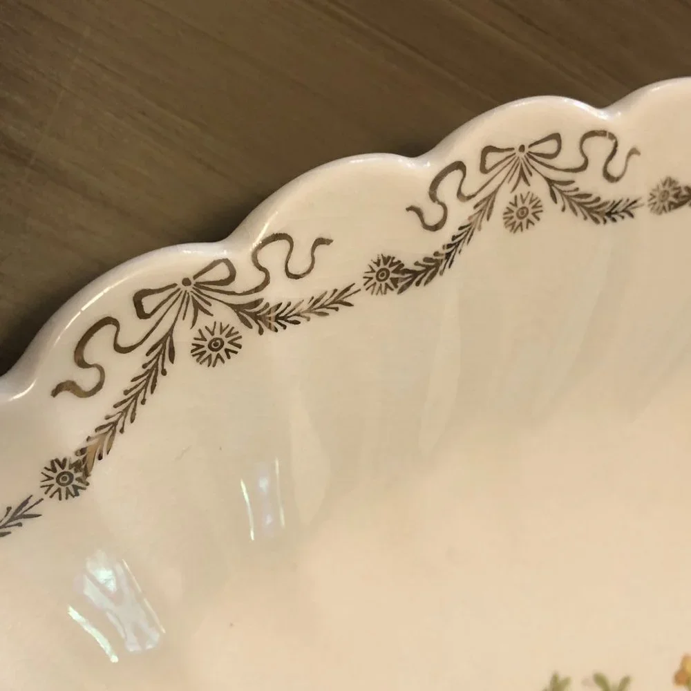 Cream Floral Scalloped Serving Platter